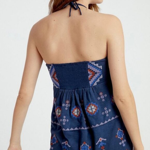 Anthropologie Asha Halter Strapless Embroidered Boho Top Womens XL Navy Smocking - Picture 3 of 13